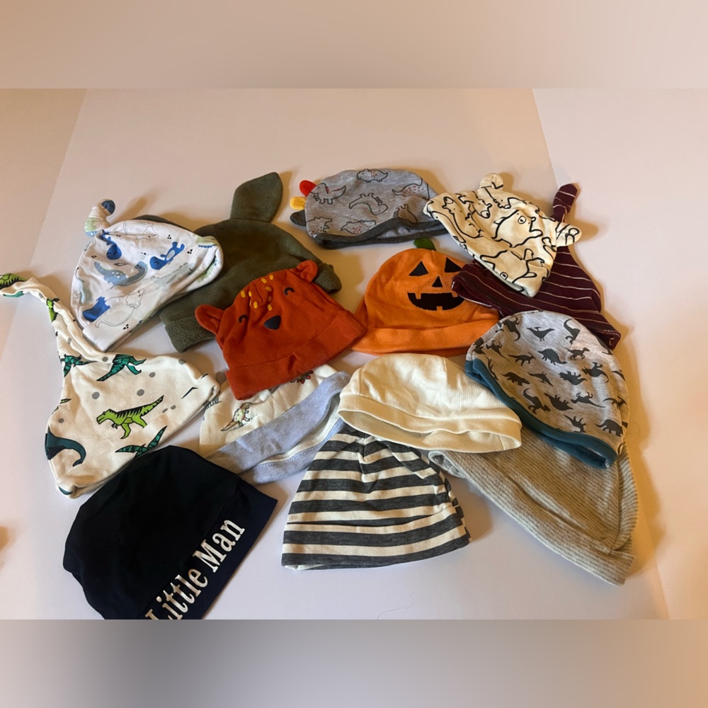 Baby/Toddler Knit Hats Bundle - Orange Pumpkin + Dino Prints
